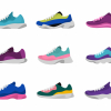 An image of 9 colourful running shoes