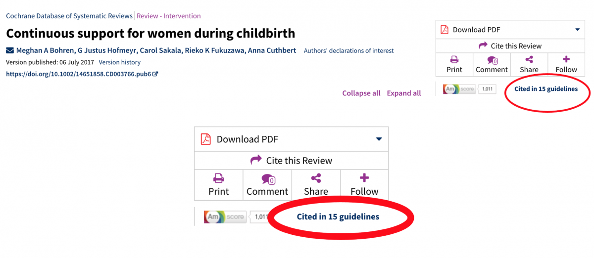 Continuous support for women in childbirth - a Cochrane Review which has been included in 12 guideliens